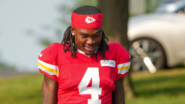 Kansas City Chiefs wide receiver Rashee Rice walks to the field during training camp.