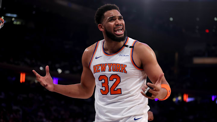 May 16, 2025; New York, New York, USA; New York Knicks center Karl-Anthony Towns (32) reacts during the first quarter of game six in the second round of the 2025 NBA Playoffs against the Boston Celtics at Madison Square Garden. Mandatory Credit: Brad Penner-Imagn Images May 16, 2025; New York, New York, USA; New York Knicks center Karl-Anthony Towns (32) reacts during the first quarter of game six in the second round of the 2025 NBA Playoffs against the Boston Celtics at Madison Square Garden. Mandatory Credit: Brad Penner-Imagn Images