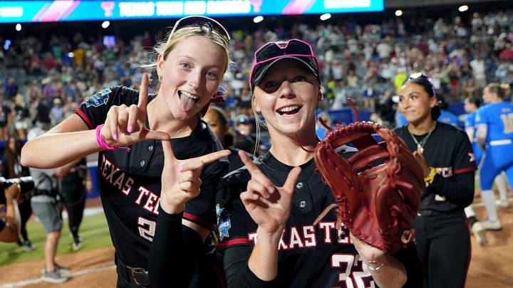 Texas Tech's Samantha Lincoln (22) and Hailey Toney (32) celebrate following a Women's College World Series softball game between Texas Tech Red Raiders and the UCLA Bruins at Devon Park in Oklahoma City, May 31, 2026. Texas Tech's Samantha Lincoln (22) and Hailey Toney (32) celebrate following a Women's College World Series softball game between Texas Tech Red Raiders and the UCLA Bruins at Devon Park in Oklahoma City, May 31, 2026.