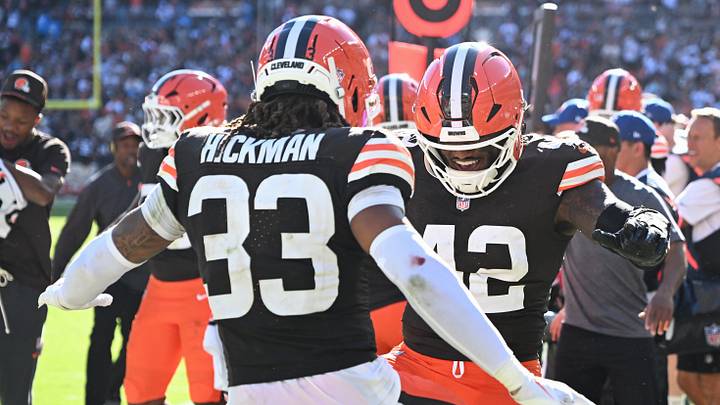 Sep 27, 2026; Cleveland, Ohio, USA; Cleveland Browns safety Ronnie Hickman (33) and linebacker Easton Mascarenas-Arnold (42) celebrate after a play against the Carolina Panthers during the fourth quarter at Huntington Bank Field. Mandatory Credit: Ken Blaze-Imagn Images Sep 27, 2026; Cleveland, Ohio, USA; Cleveland Browns safety Ronnie Hickman (33) and linebacker Easton Mascarenas-Arnold (42) celebrate after a play against the Carolina Panthers during the fourth quarter at Huntington Bank Field. Mandatory Credit: Ken Blaze-Imagn Images