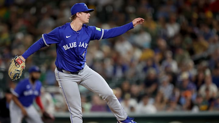 Justin Bruihl of Toronto Blue Jays throws pitch from left hand,