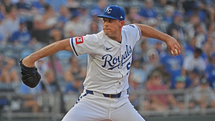 Jun 24, 2025; Kansas City, Missouri, USA;  Kansas City Royals starting pitcher Kris Bubic (50) throws a pitch in the first inning against the Tampa Bay Rays at Kauffman Stadium. Mandatory Credit: Peter Aiken-Imagn Images