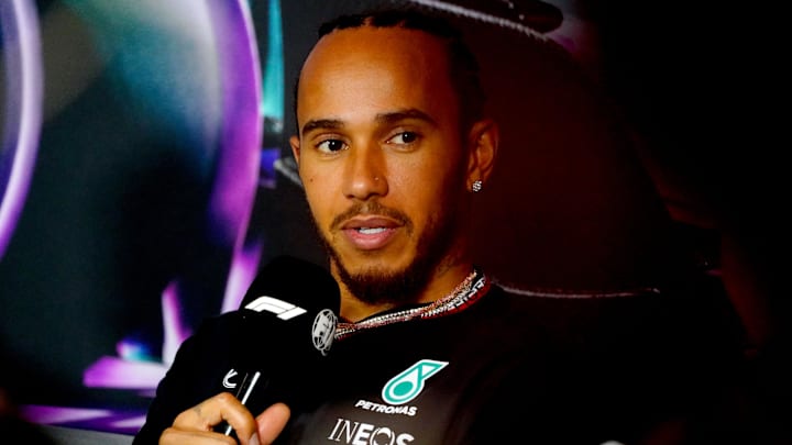 May 2, 2024; Miami Gardens, Florida, USA; Mercedes driver Lewis Hamilton (44) addresses the media in advance of the Miami Grand Prix at the Miami International Autodrome. Mandatory Credit: John David Mercer-USA TODAY Sports May 2, 2024; Miami Gardens, Florida, USA; Mercedes driver Lewis Hamilton (44) addresses the media in advance of the Miami Grand Prix at the Miami International Autodrome. Mandatory Credit: John David Mercer-USA TODAY Sports
