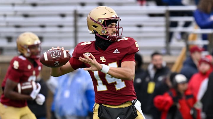 Nov 23, 2024; Chestnut Hill, Massachusetts, USA; Boston College Eagles quarterback Grayson James (14) warms up before a game against the North Carolina Tar Heels at Alumni Stadium. Mandatory Credit: Eric Canha-Imagn Images Nov 23, 2024; Chestnut Hill, Massachusetts, USA; Boston College Eagles quarterback Grayson James (14) warms up before a game against the North Carolina Tar Heels at Alumni Stadium. Mandatory Credit: Eric Canha-Imagn Images