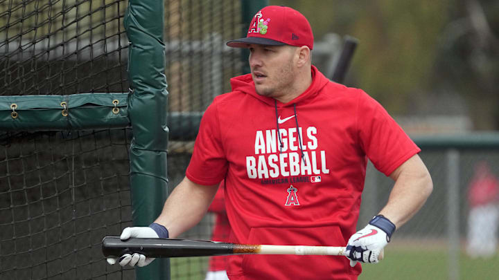 Feb 16, 2026; Tempe, AZ, USA; Los Angeles Angels right fielder Mike Trout (27) prepares to hit during spring training camp. Mandatory Credit: Rick Scuteri-Imagn Images