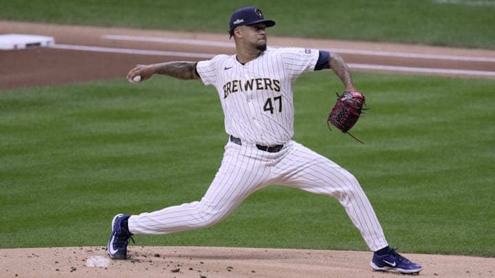 Oct 2, 2024; Milwaukee, Wisconsin, USA; Milwaukee Brewers pitcher Frankie Montas (47) throws during the first inning in game two of their wild-card playoff game against the New York Mets at American Family Field. Mandatory Credit: Mark Hoffman-Imagn Images