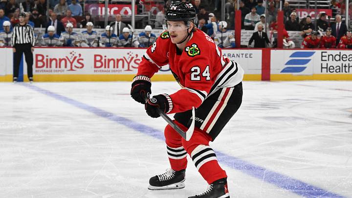 Oct 6, 2026; Chicago, Illinois, USA; Chicago Blackhawks defenseman Bowen Byram (24) defends against the St. Louis Blues during the first period at United Center. Mandatory Credit: Matt Marton-Imagn Images Oct 6, 2026; Chicago, Illinois, USA; Chicago Blackhawks defenseman Bowen Byram (24) defends against the St. Louis Blues during the first period at United Center. Mandatory Credit: Matt Marton-Imagn Images