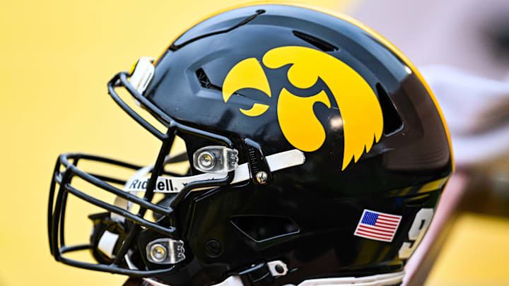 Sep 9, 2023; Ames, Iowa, USA; An Iowa Hawkeyes helmet sits ready during the game between the Iowa State Cyclones and the Iowa Hawkeyes at Jack Trice Stadium. Mandatory Credit: Jeffrey Becker-Imagn Images Sep 9, 2023; Ames, Iowa, USA; An Iowa Hawkeyes helmet sits ready during the game between the Iowa State Cyclones and the Iowa Hawkeyes at Jack Trice Stadium. Mandatory Credit: Jeffrey Becker-Imagn Images