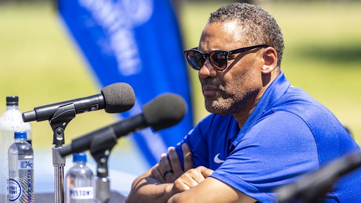 Jun 24, 2022; Detroit, Michigan, USA; Detroit Pistons general manager Troy Weaver during the Detroit Pistons 2022 NBA Draft Introductory Press Conference. Mandatory Credit: Raj Mehta-Imagn Images Jun 24, 2022; Detroit, Michigan, USA; Detroit Pistons general manager Troy Weaver during the Detroit Pistons 2022 NBA Draft Introductory Press Conference. Mandatory Credit: Raj Mehta-Imagn Images