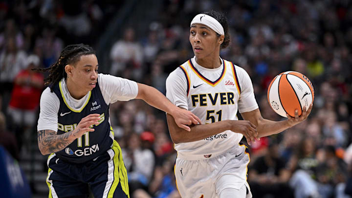 Dallas Wings guard JJ Quinerly (11) and Indiana Fever guard Sydney Colson (51) in action on August 1, 2025 Dallas Wings guard JJ Quinerly (11) and Indiana Fever guard Sydney Colson (51) in action on August 1, 2025
