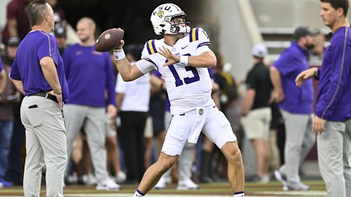 Oct 26, 2024; College Station, Texas, USA; LSU Tigers quarterback Garrett Nussmeier (13) warms up prior to the game against the Texas A&M Aggies The Aggies defeated the Tigers 38-23; at Kyle Field. Mandatory Credit: Maria Lysaker-Imagn Images.