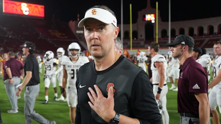 Aug 30, 2025; Los Angeles, California, USA; Southern California Trojans head coach Lincoln Riley reacts after the game against the Missouri State Bears at United Airlines Field at Los Angeles Memorial Coliseum. 