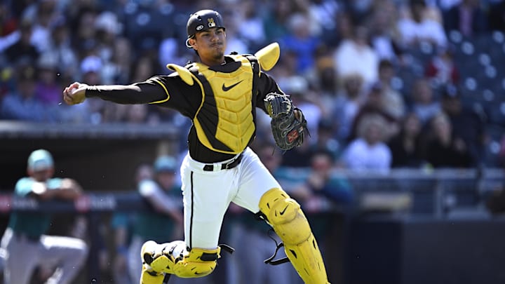 Mar 26, 2024; San Diego, California, USA; San Diego Padres catcher Ethan Salas (88) throws to first base during the ninth inning against the Seattle Mariners at Petco Park. Mandatory Credit: Orlando Ramirez-Imagn Images