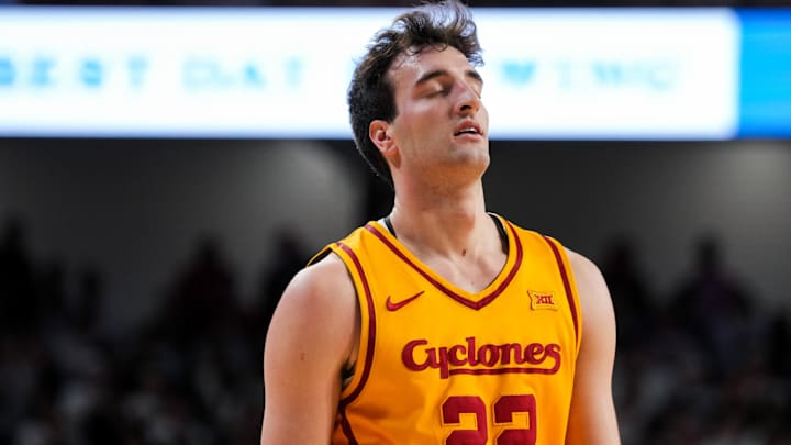 Jan 17, 2026; Cincinnati, Ohio, USA;  Iowa State Cyclones forward Milan Momcilovic (22) reacts as he stands on the court during a stop in play against the Cincinnati Bearcats in the second half at Fifth Third Arena.
