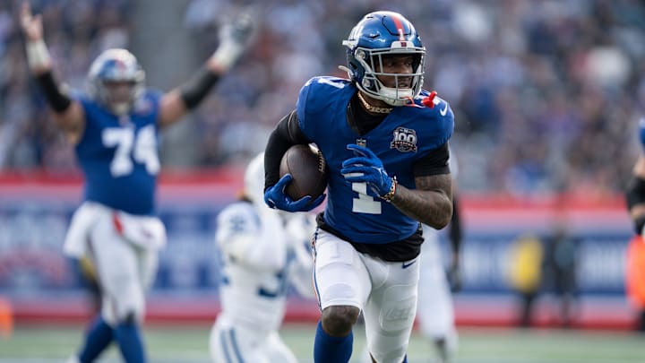 New York Giants wide receiver Malik Nabers (1) runs into the end zone for a touchdown in there second quarter during a game between New York Giants and Indianapolis Colts at MetLife Stadium on Sunday, Dec. 29, 2024.