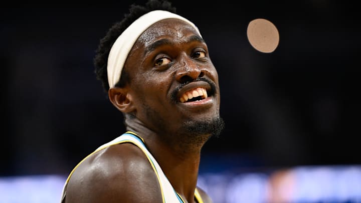 Dec 23, 2024; San Francisco, California, USA; Indiana Pacers forward Pascal Siakam (43) smiles against the Golden State Warriors in the third quarter at Chase Center. Mandatory Credit: Eakin Howard-Imagn Images