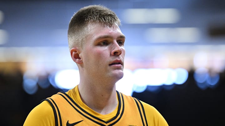 Jan 11, 2026; Iowa City, Iowa, USA; Iowa Hawkeyes guard Bennett Stirtz (14) walks off the court after the game against the Illinois Fighting Illini at Carver-Hawkeye Arena. Mandatory Credit: Jeffrey Becker-Imagn Images