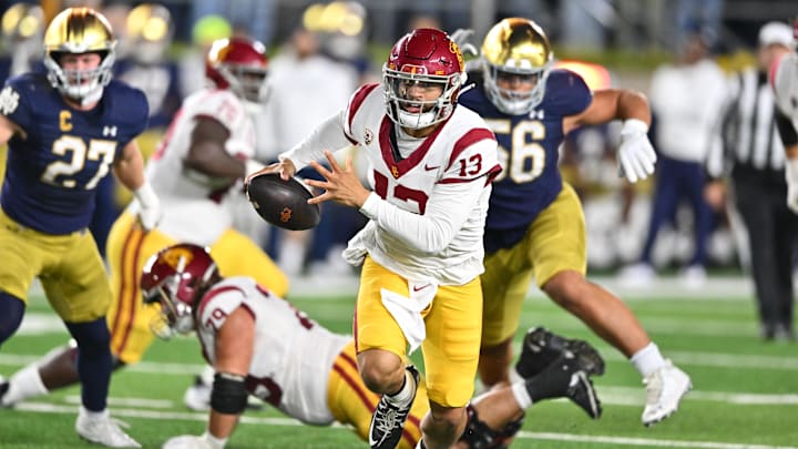 Oct 14, 2023; South Bend, Indiana, USA; USC Trojans quarterback Caleb Williams (13) runs the ball in the second quarter against the Notre Dame Fighting Irish at Notre Dame Stadium. Oct 14, 2023; South Bend, Indiana, USA; USC Trojans quarterback Caleb Williams (13) runs the ball in the second quarter against the Notre Dame Fighting Irish at Notre Dame Stadium.