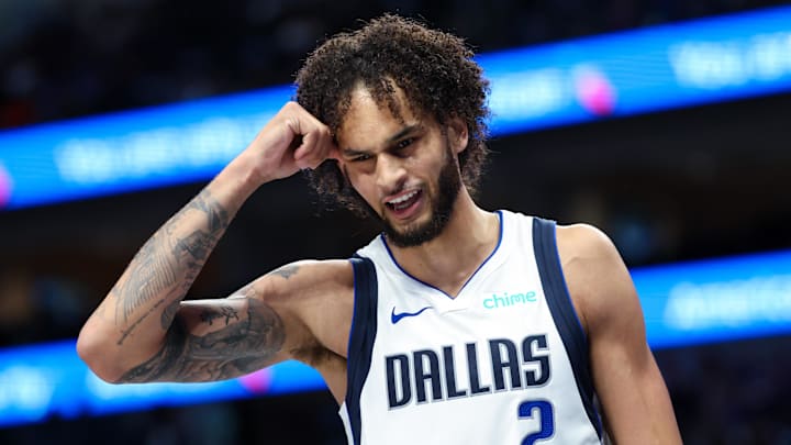 Oct 10, 2024; Dallas, Texas, USA; Dallas Mavericks center Dereck Lively II (2) reacts during the second half against the Utah Jazz at American Airlines Center. Mandatory Credit: Kevin Jairaj-Imagn Images