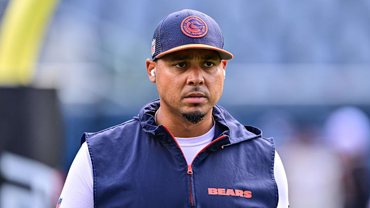 Aug 17, 2024; Chicago, Illinois, USA; Chicago Bears general manager Ryan Poles looks on before the game against the Cincinnati Bengals at Soldier Field. Mandatory Credit: Daniel Bartel-Imagn Images
