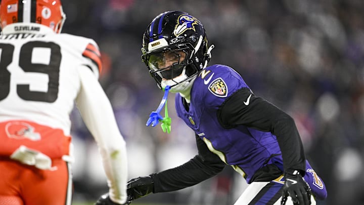 Jan 4, 2025; Baltimore, Maryland, USA; Baltimore Ravens cornerback Nate Wiggins (2) drops back in coverage as Cleveland Browns wide receiver Kaden Davis (89) runs a route during the first half  at M&T Bank Stadium. Mandatory Credit: Tommy Gilligan-Imagn Images
