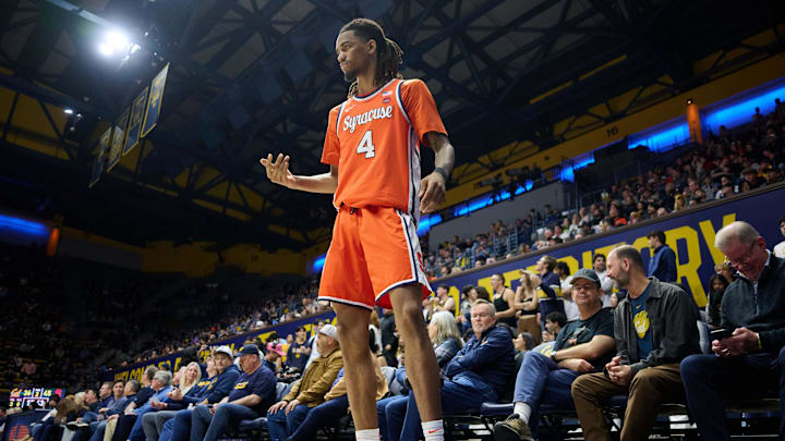 Feb 1, 2025; Berkeley, California, USA; Syracuse Orange forward Chris Bell (4) stands on the court against the California Golden Bears during the first half at Haas Pavilion. Mandatory Credit: Robert Edwards-Imagn Images