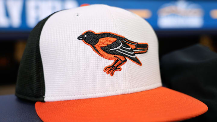 General view of a Baltimore Orioles cap during warmups prior to the game against the Milwaukee Brewers at American Family Field. 