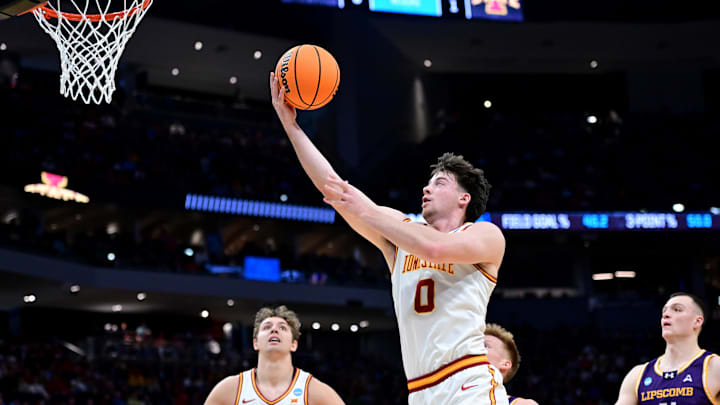 Mar 21, 2025; Milwaukee, WI, USA; Iowa State Cyclones guard Nate Heise (0) shoots against Lipscomb Bisons forward Jacob Ognacevic (41) during the first half of a first round NCAA men’s tournament game at Fiserv Forum. Mandatory Credit: Benny Sieu-Imagn Images Mar 21, 2025; Milwaukee, WI, USA; Iowa State Cyclones guard Nate Heise (0) shoots against Lipscomb Bisons forward Jacob Ognacevic (41) during the first half of a first round NCAA men’s tournament game at Fiserv Forum. Mandatory Credit: Benny Sieu-Imagn Images