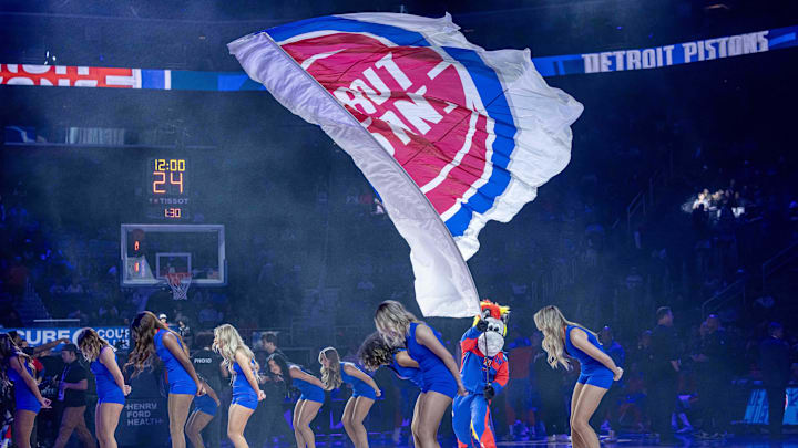 Nov 8, 2024; Detroit, Michigan, USA; Roary the Detroit Pistons mascot gets the fans going before the start of the game against the Atlanta Hawks the first half at Little Caesars Arena. Mandatory Credit: David Reginek-Imagn Images