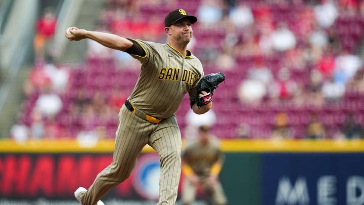 Aug 31, 2026; Cincinnati, Ohio, USA;  San Diego Padres pitcher Michael King throws in the first inning against the Cincinnati Reds at Great American Ball Park. Mandatory Credit: Aaron Doster-Imagn Images