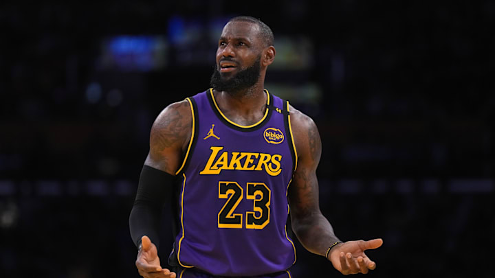 Nov 29, 2024; Los Angeles, California, USA; Los Angeles Lakers forward LeBron James (23) reacts in the second half against the Oklahoma City Thunder at Crypto.com Arena. Mandatory Credit: Kirby Lee-Imagn Images