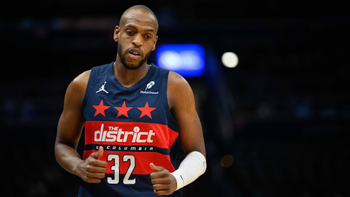 Mar 24, 2025; Washington, District of Columbia, USA; Washington Wizards forward Khris Middleton (32) looks on during the first quarter against the Toronto Raptors at Capital One Arena. Mandatory Credit: Reggie Hildred-Imagn Images