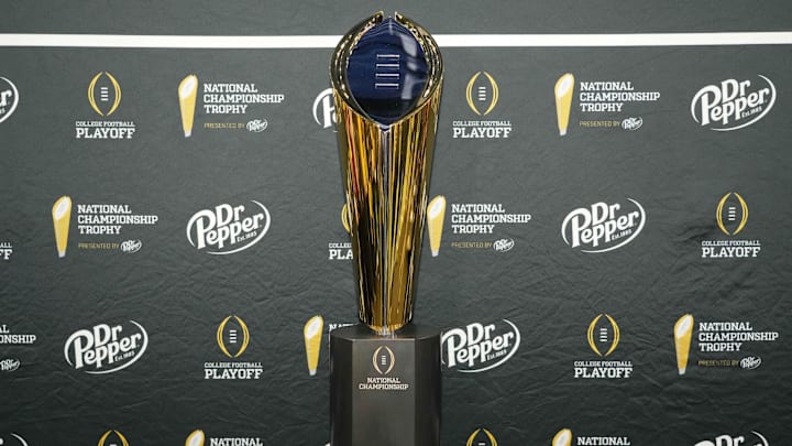 Jan 6, 2024; Houston, TX, USA; A general view of the National Championship Trophy during media day before the College Football Playoff national championship between the Michigan Wolverines and the Washington Huskies at George R Brown Convention Center. Mandatory Credit: Kirby Lee-USA TODAY Sports