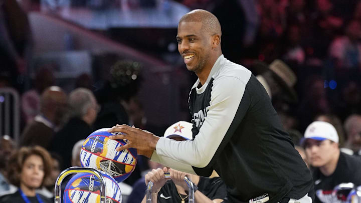 Feb 15, 2025; San Francisco, CA, USA; Team Spurs guard Chris Paul (3) of the San Antonio Spurs competes in the skills challenge during All Star Saturday Night ahead of the 2025 NBA All Star Game at Chase Center. Feb 15, 2025; San Francisco, CA, USA; Team Spurs guard Chris Paul (3) of the San Antonio Spurs competes in the skills challenge during All Star Saturday Night ahead of the 2025 NBA All Star Game at Chase Center.