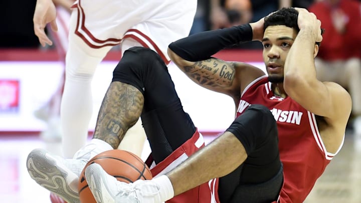 Feb 7, 2026; Bloomington, Indiana, USA; Wisconsin Badgers guard Nick Boyd (2) reacts after being called for an offensive foul during overtime at Simon Skjodt Assembly Hall. Mandatory Credit: Robert Goddin-Imagn Images