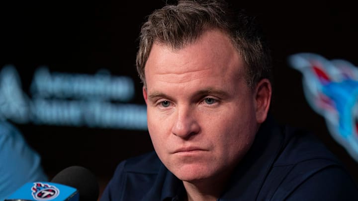 Tennessee Titans General Manager Mike Borgonzi fields questions from the media.