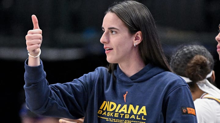 Aug 1, 2025; Dallas, Texas, USA; Indiana Fever guard Caitlin Clark (22) during the game between the Dallas Wings and the Indiana Fever at the American Airlines Center. Mandatory Credit: Jerome Miron-Imagn Images