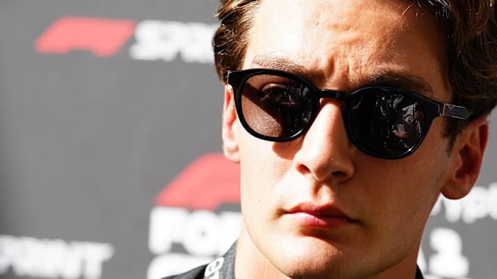 May 3, 2024; Miami Gardens, Florida, USA; Mercedes driver George Russell (63) talks with the media after F1 Sprint Qualifying at Miami International Autodrome. Mandatory Credit: John David Mercer-USA TODAY Sports