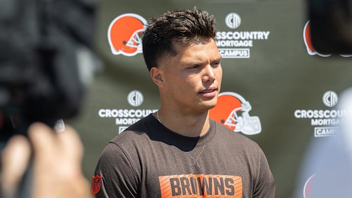 May 10, 2025; Berea, OH, USA; Cleveland Browns quarterback Dillon Gabriel (5) talks to the media during rookie minicamp at CrossCountry Mortgage Campus. 