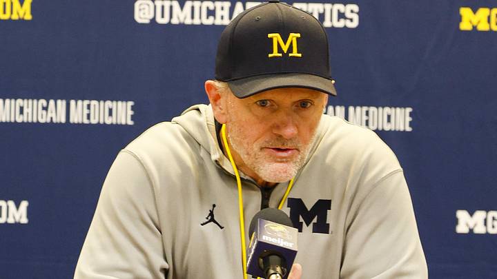 Apr 18, 2026; Ann Arbor, MI, USA; Michigan Wolverines head coach Kyle Whittingham gives remarks following the spring game at Michigan Stadium. Mandatory Credit: Brian Bradshaw Sevald-Imagn Images