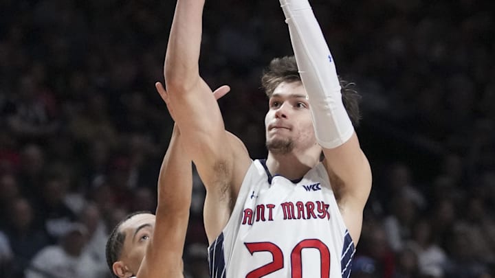 March 12, 2024; Las Vegas, NV, USA; Saint Mary's Gaels guard Aidan Mahaney (20) shoots the