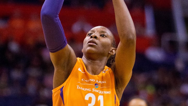 Jun 8, 2018; Phoenix, AZ, USA; Phoenix Mercury forward Sancho Lyttle goes for a shot during the first half at Talking Stick Resort Arena. Mandatory Credit: Brian Munoz-The Arizona Republic via USA TODAY NETWORK