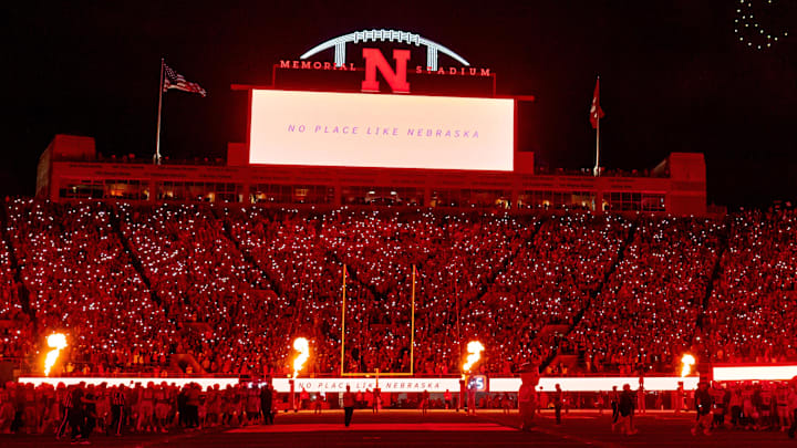 Drones form the shape of Herbie Husker during the light show after the third quarter between the Nebraska Cornhuskers and the Akron Zips at Memorial Stadium. Drones form the shape of Herbie Husker during the light show after the third quarter between the Nebraska Cornhuskers and the Akron Zips at Memorial Stadium.