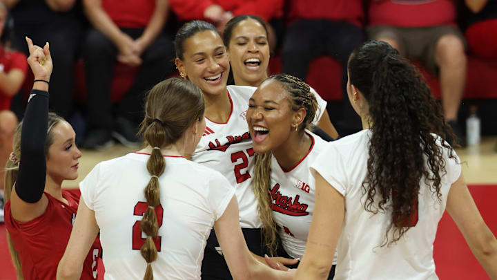 Nebraska volleyball players celebrate with Manaia Ogbechie, center, after a point against Wright State. The freshman middle blocker earned her first career start and recorded eight kills and five blocks. Nebraska volleyball players celebrate with Manaia Ogbechie, center, after a point against Wright State. The freshman middle blocker earned her first career start and recorded eight kills and five blocks.