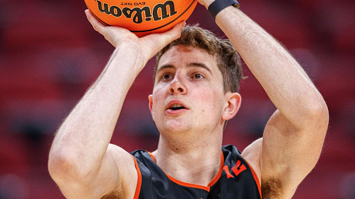 Princeton Tigers forward Caden Pierce (12) shoots the ball during practice.
