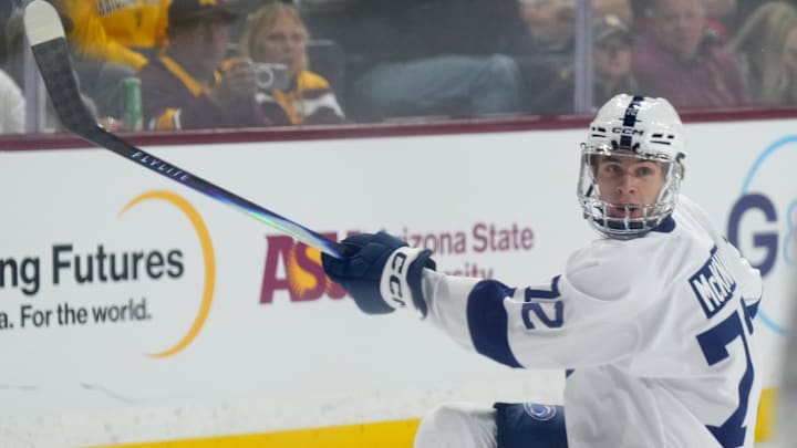 Oct 4, 2025; Tempe, AZ, USA; Penn State Nittany Lions forward Gavin McKenna shoots and scores a goal against the Arizona State Sun Devils during the third period at Mullett Arena. Oct 4, 2025; Tempe, AZ, USA; Penn State Nittany Lions forward Gavin McKenna shoots and scores a goal against the Arizona State Sun Devils during the third period at Mullett Arena.