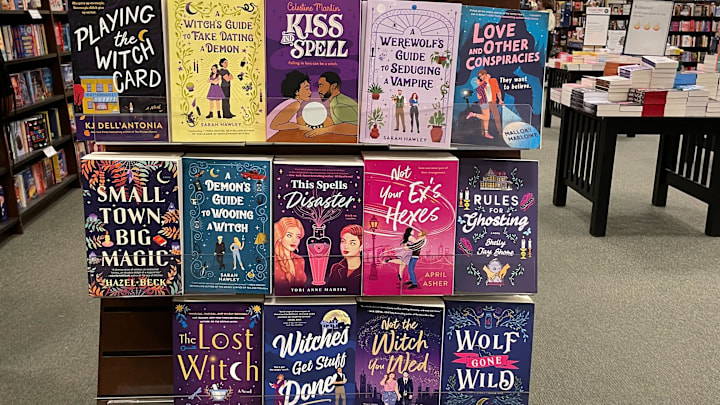 Witchy Romance books displayed at Barnes & Noble. Photographed by Kimberley Spinney