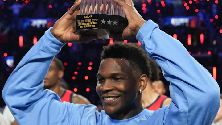 Feb 15, 2026; Inglewood, California, USA; Team USA Stars guard Anthony Edwards (5) of the Minnesota Timberwolves poses with the MVP trophy after the 75th NBA All Star Game at Intuit Dome. Mandatory Credit: Kirby Lee-Imagn Images Feb 15, 2026; Inglewood, California, USA; Team USA Stars guard Anthony Edwards (5) of the Minnesota Timberwolves poses with the MVP trophy after the 75th NBA All Star Game at Intuit Dome. Mandatory Credit: Kirby Lee-Imagn Images