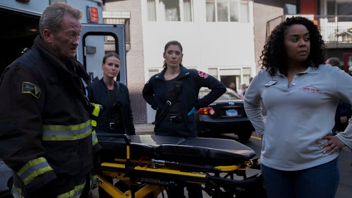 CHICAGO FIRE -- "A Favor" Episode 13009 -- Pictured: (l-r) Christian Stolte as Randy "Mouch" McHolland, Jocelyn Hudon as Lyla Novak, Hanako Greensmith as Violet Mikami