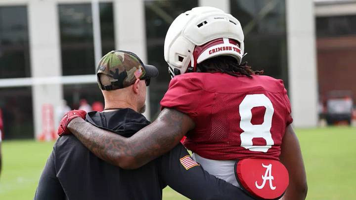 4/1/26 MFB MFB Spring Practice Alabama Football Offensive Coordinator Ryan Grubb Alabama Wide Receiver Cederian Morgan (8) Photo by Kent Gidley